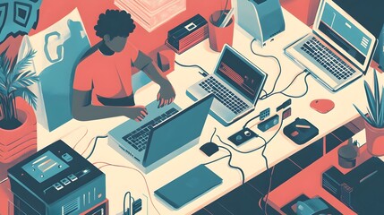 Skilled Technician Troubleshooting Complex Home Technology Issues Surrounded by Routers Modems and Laptop for Effective Diagnostics and Solutions