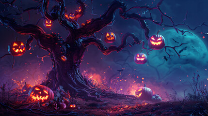 Spooky Halloween Night. Eerie Pumpkin Lanterns and Ghostly Figures.
