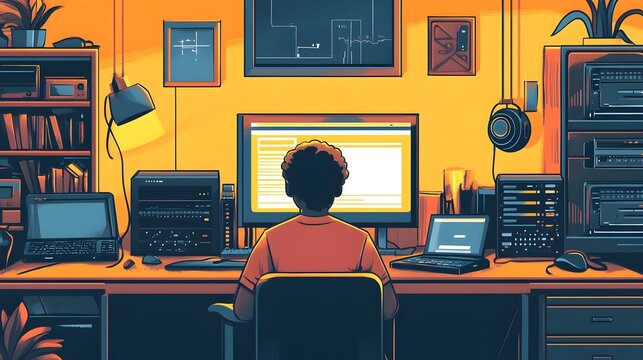 Troubleshooting Technology at Home A person surrounded by various tech devices like routers modems and a laptop working to resolve a computer issue or connectivity problem