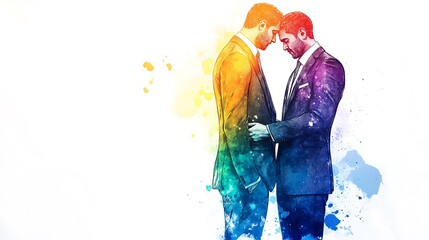 Fototapeta premium Watercolor illustration of two men in suits with a rainbow background, standing close and touching foreheads.