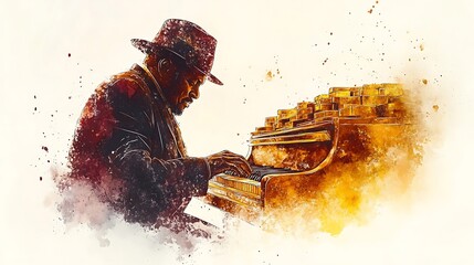 Watercolor illustration of a jazz musician playing the piano.