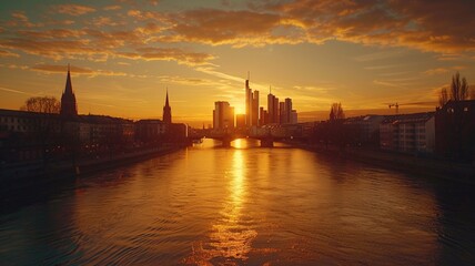 Fototapeta premium Frankfurt skyline views at sunset along imag