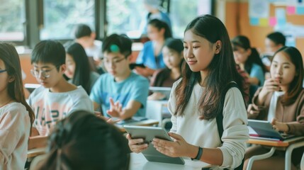Students in a modern classroom using tablets, with one girl in focus, signaling active learning and technology integration.