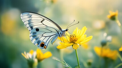 Close-up of a butterfly delicately feeding on a vibrant yellow flower with soft sunlight illuminating its wings