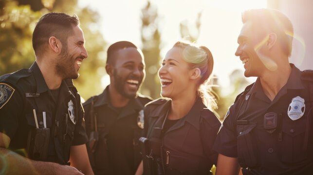 Four police officers, standing together and laughing, share a moment of camaraderie under the warm glow of the sun.