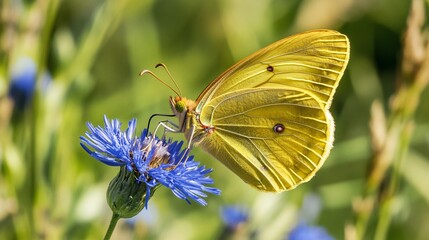 Obraz premium A butterfly with translucent wings feeding on a blue wildflower in a meadow