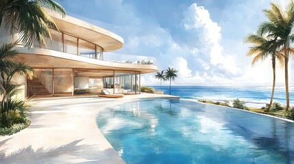 Fototapeta premium Modern Beachfront Villa with Infinity Pool and Palm Trees.