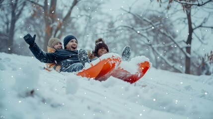 Naklejka premium A family joyfully sledding down a snowy hill amidst gently falling snowflakes, embodying winter fun and shared moments of happiness.