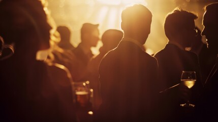 Elegantly dressed guests socialize at an event, bathed in golden light as they enjoy their drinks, creating a warm, convivial atmosphere.