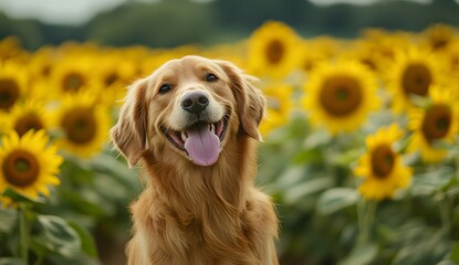 Obraz premium Golden Retriever standing in front of sunflower field, golden retriever smiling with tongue out and looking into camera, beautiful nature scenery