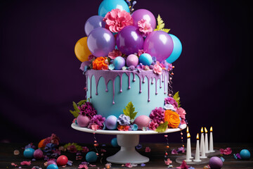 generated illustration of colorful birthday cake and balloons
