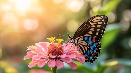 Fototapeta premium Close-up of a butterfly feeding on a vibrant pink zinnia in a sunlit garden