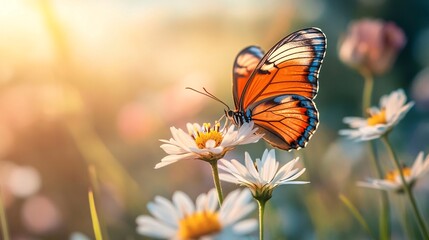 Obraz premium Butterfly perched on a wildflower feeding with its wings spread wide