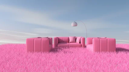 Fotobehang Fluor Roze Meadow in the room. 3D illustration, 3D rendering    © wichuda