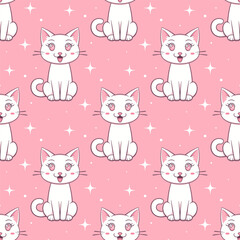 White smiling cat on pink background. Vector cute animal Vector seamless pattern.