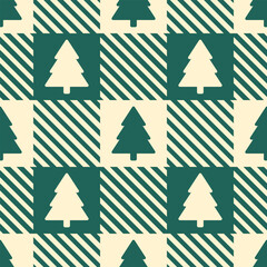 Green fir trees on beige gingham background. Vector seamless pattern. Best for textile, wallpapers, wrapping paper and seasonal decoration.