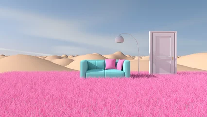 Fotobehang Fluor Roze Meadow in the room. 3D illustration, 3D rendering    © wichuda