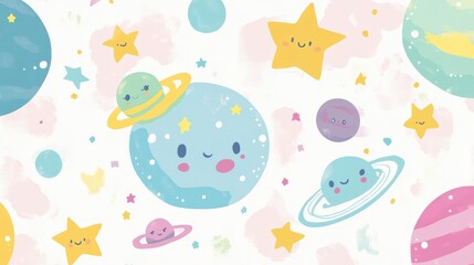 A whimsical space-themed illustration featuring cute planets and stars with smiling faces.