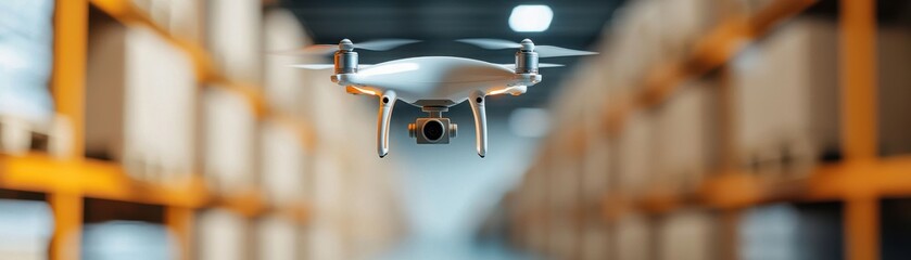 A drone flies through a warehouse, capturing images and data in a modern logistics environment.