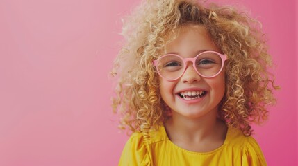 Fototapeta premium A cheerful child with curly blonde hair and glasses, wearing a light pink top, beaming against a soft blue background.