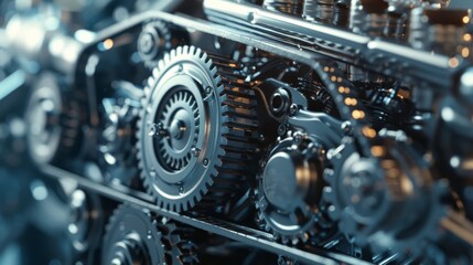 Close-up view of intricate metal gears in a mechanical assembly, showcasing precision engineering and detailed craftsmanship.