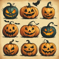 Nine Carved Jack-O-Lantern Pumpkins with Bats Illustration