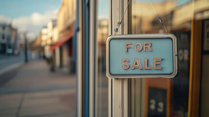 Fototapeta premium For sale sign hanging in window of empty storefront