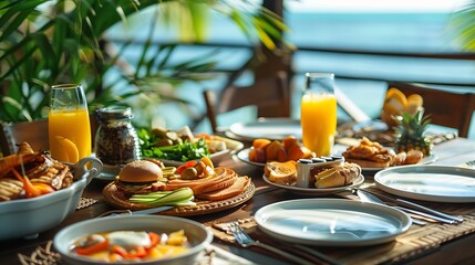 Breakfast in tropical hotel with sea view Buffet food in restaurant in modern resort Concept of travel and summer vacation : Generative AI