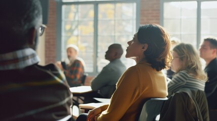 Fototapeta premium A diverse group attends a seminar in a bright, modern room, engaging attentively with the speaker, fostering a spirit of learning and dialogue.