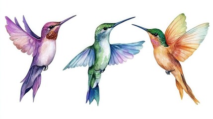 Obraz premium Watercolor painting of three colorful hummingbirds with spread wings on a white background.