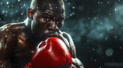 A close portrait of a black boxer man. A concept of an advertising sports streaming app