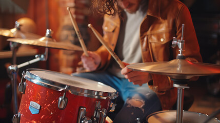 Naklejka premium Drummer in action. A concept of an advertising banner for music learning or recording app