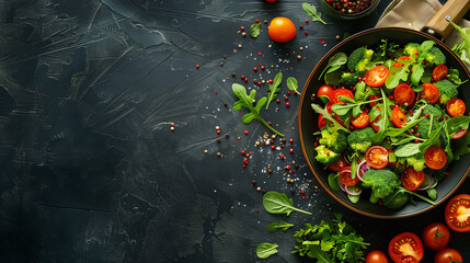 Fresh salad with tomatoes on black table. A concept of an advertising banner for a cooking or delivery app