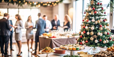 Festive Office Christmas Party with Delicious Food. A beautifully decorated office space with Christmas trees and festive lights, set up for a holiday party.