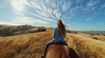 Woman riding a horse in the mountains. Girl with long straight hair horse riding in hills and meadows. Candid and authentic hobbies for keeping fit and healthy. Mindfulness in nature horseback riding.