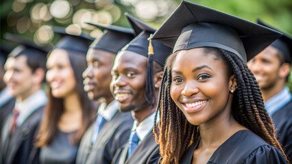Close up photography of a young African American girl graduating, wearing a graduation cap and gown. Blurred students in the background