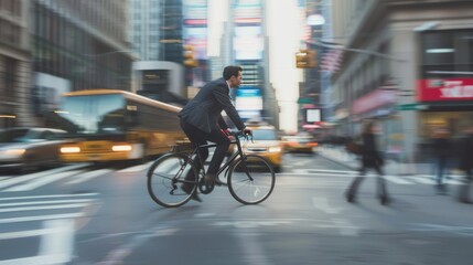 A businessman rides a bike through a bustling city intersection, captured with a motion blur effect, highlighting the dynamic city life.