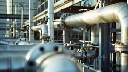Fototapeta premium An intricate network of industrial pipes and valves, showcasing the complexity and precision of modern machinery in an industrial setting.