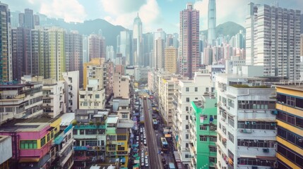 Obraz premium Vibrant skyscrapers, residential buildings, and packed streets epitomize the bustling and diverse life of a major metropolis.