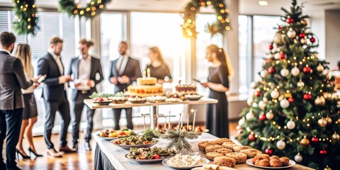 Festive Office Christmas Party with Delicious Food. A beautifully decorated office space with Christmas trees and festive lights, set up for a holiday party.