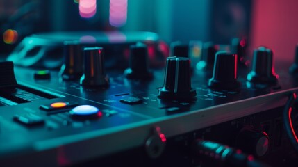 Fototapeta premium Close-up of a DJ mixing console with colorful lights, capturing the vibrant atmosphere of a live music event. The knobs glint under the club’s neon glow.