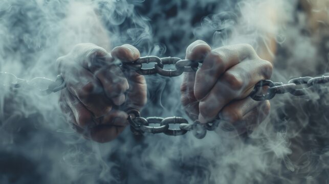 Hands firmly gripping chains amid thick fog, evoking themes of struggle, resistance, and empowerment.