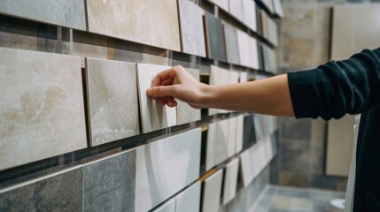 Naklejka premium A person's hand carefully selects a tile from a display; a variety of textures and colors are showcased, suggesting a thoughtful decision-making process.