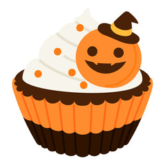 halloween cupcakes with white cream and jack o lantern heat with witch hat  on top , in the orange and black cup illustration 