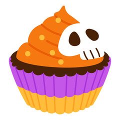 halloween cupcakes with orange cream and white skull on top , in the yellow and purple cup illustration 