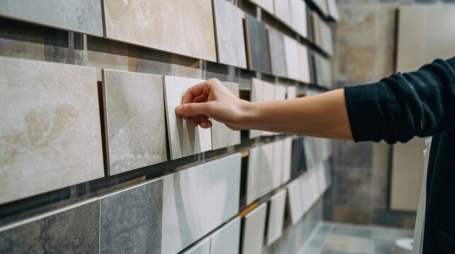 A person's hand carefully selects a tile from a display; a variety of textures and colors are showcased, suggesting a thoughtful decision-making process.