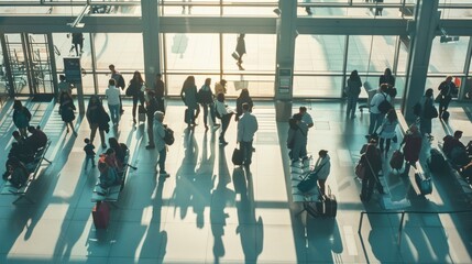 A bustling airport terminal filled with people moving through the space, bathed in the soft, natural hues of daylight filtering through the large windows.