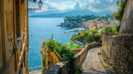 A breathtaking view of the Mediterranean Sea from the cliffside town of Amalfi, Italy. The winding cobblestone street, lush green trees, and the clear blue sea create a picturesque scene.