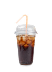 Cold drink to go. Cold soda water with ice in a plastic cup. Refreshing drink.