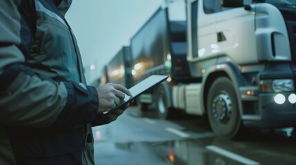 Close-up of a man using a digital tablet next to parked trucks in an industrial setting, emphasizing technology and logistics.